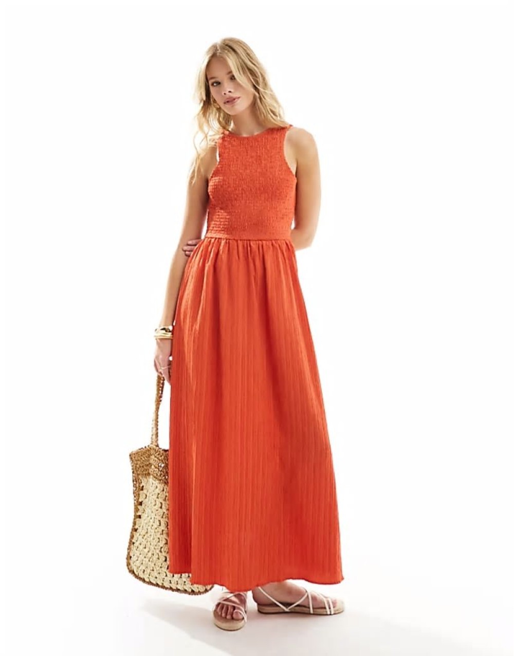 racer crinkle midi sundress with scoop back in carrot