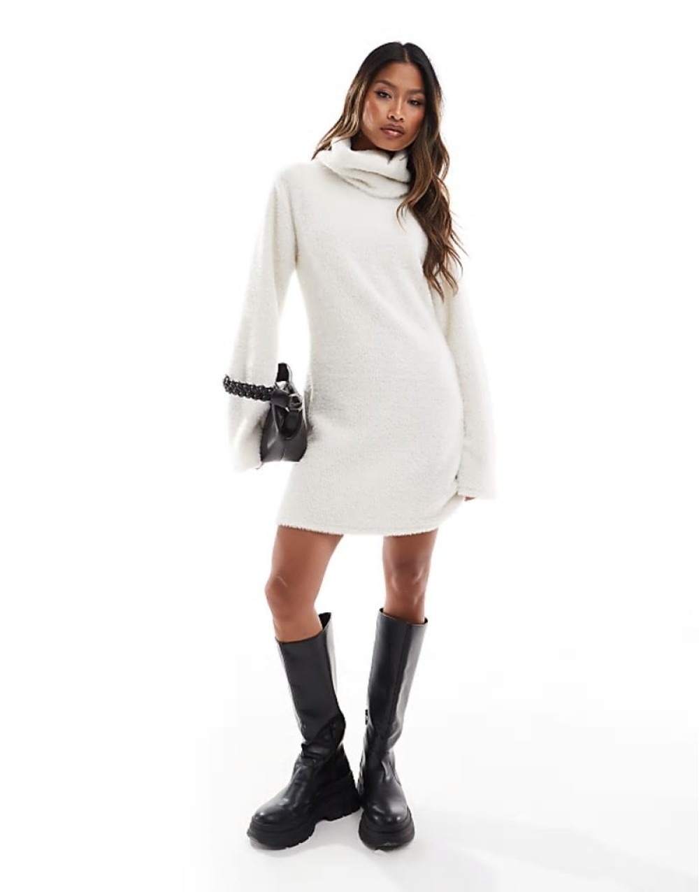 supersoft fluffy roll neck mini jumper dress in cream