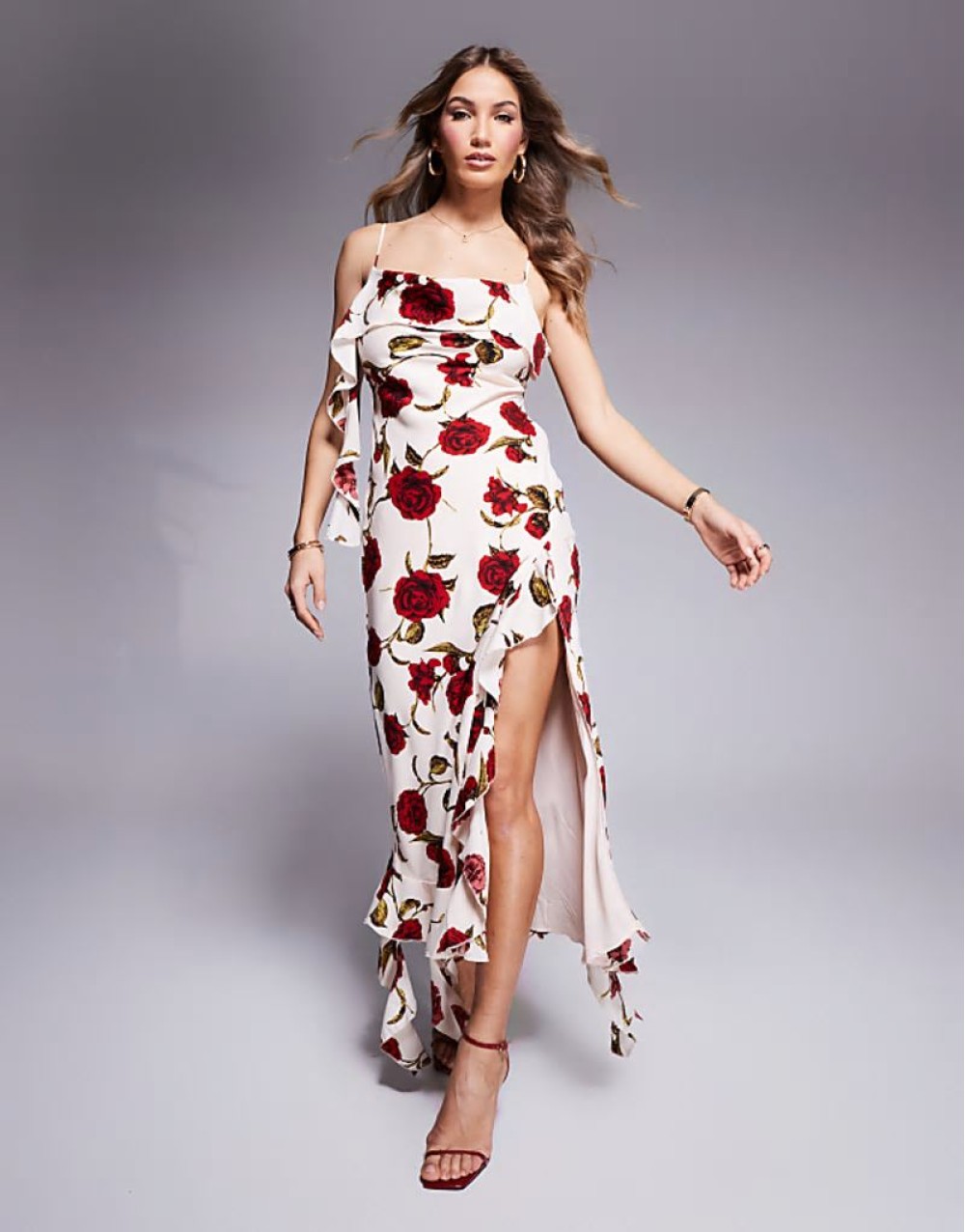 ruffle maxi dress with open back in rose print