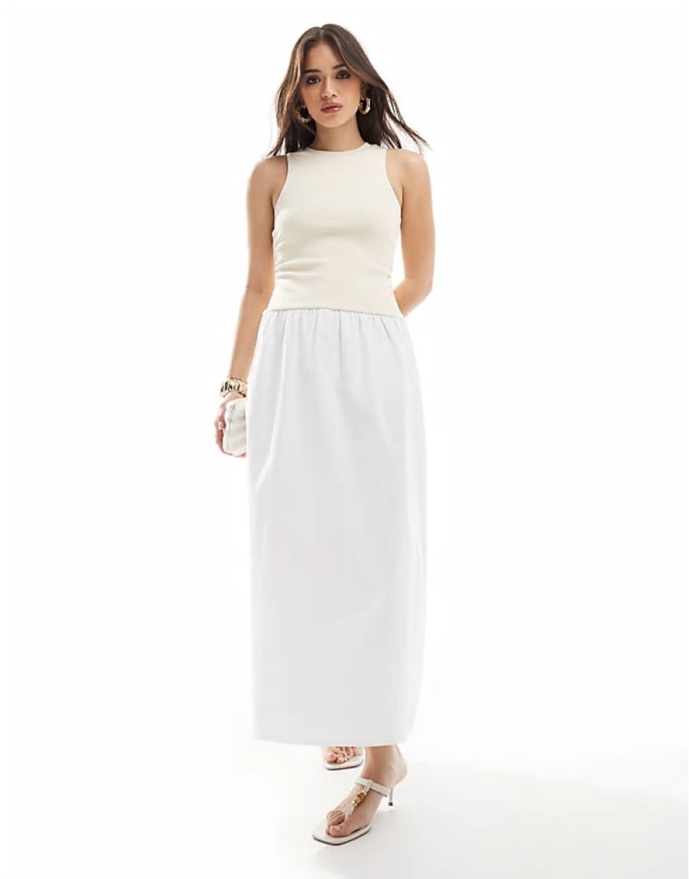 racerneck contrast drop waist maxi dress in beige and white