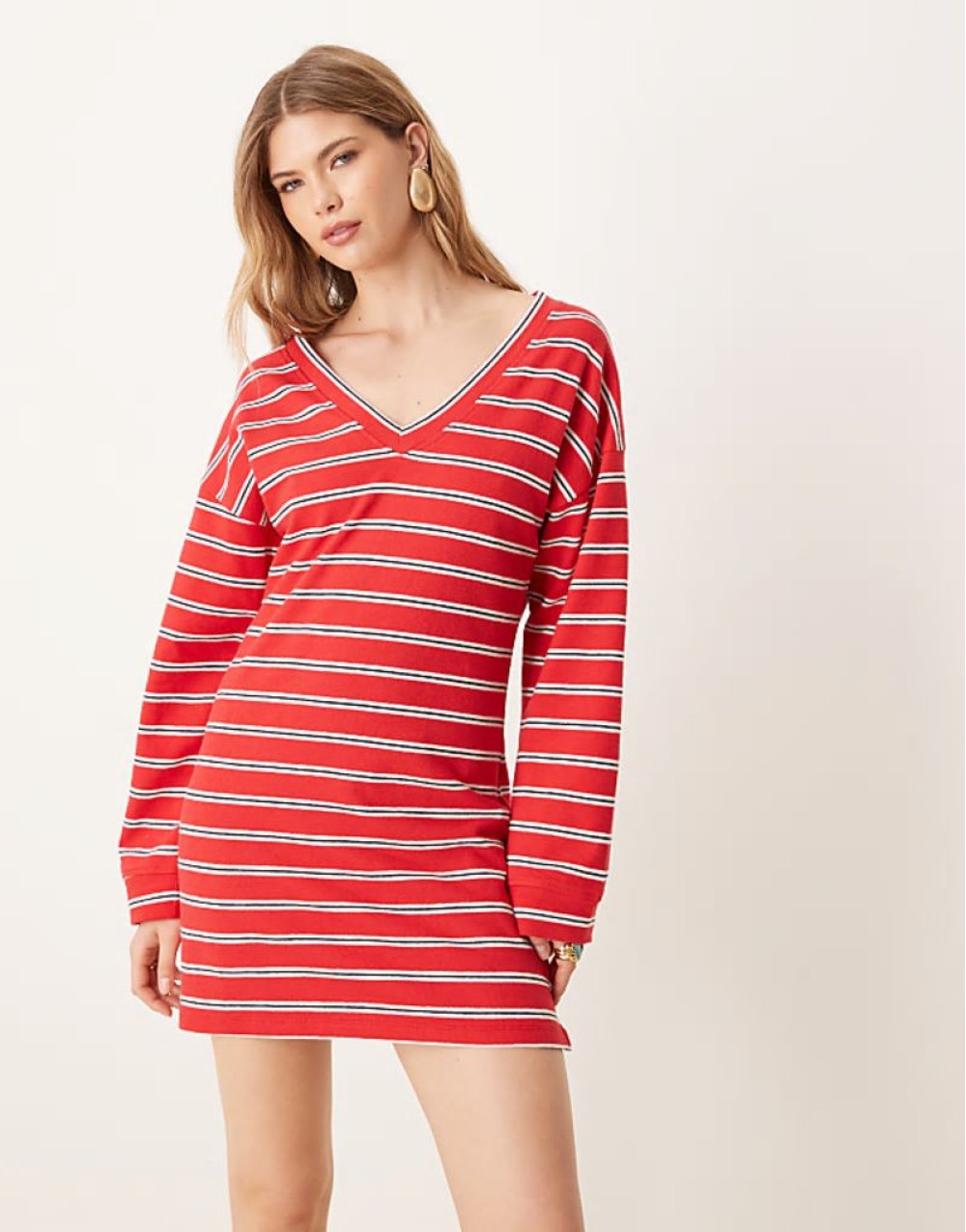 V front long sve T-shirt mini dress in red stripe